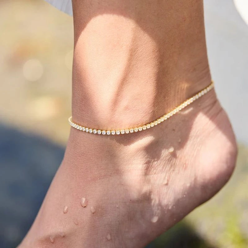 Tennis Anklet 2mm/3mm/4mm, 18K PVD Gold Plated Dainty CZ Foot Chain, Ultra Sparkling Aesthetic Layering Summer Jewelry for Women