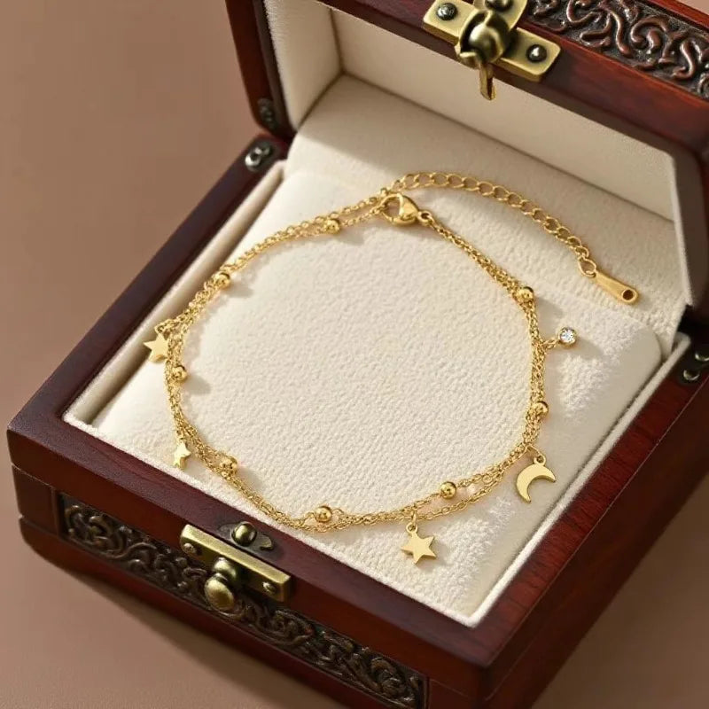 Sweet Fashion Gold Color Stainless Steel Double-layer Star and Moon Anklets for Woman Summer Beach Jewelry Accessories Colorfast