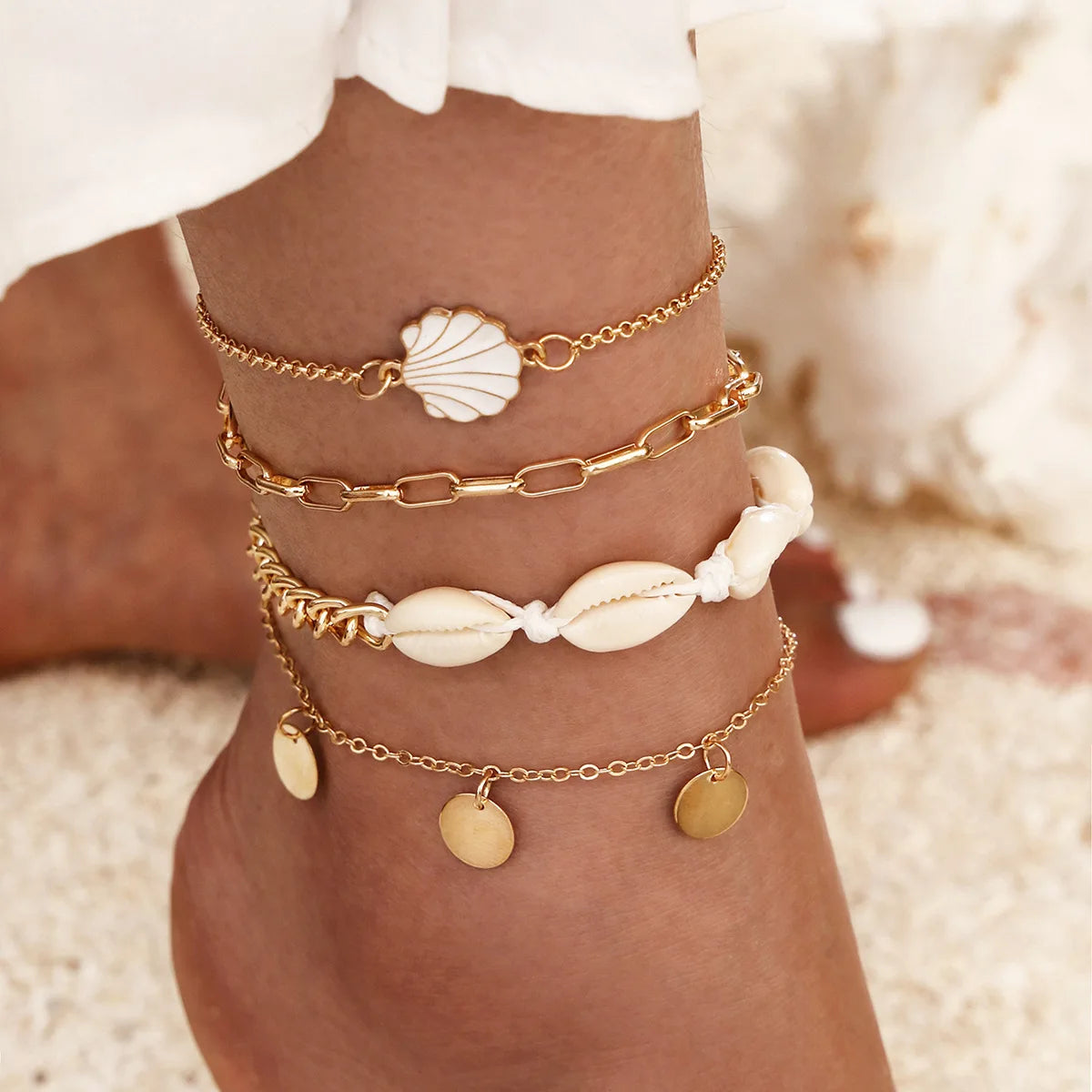 Boho Women Sequins Ankle Bracelet Set Star Moon Lightning Charm Chain On Foot Leg For Female Summer Beach Anklet Jewelry