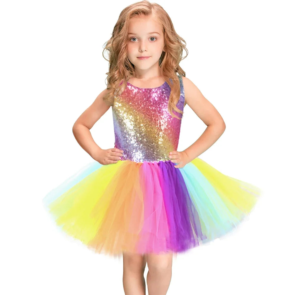Rainbow Sequins Princess Dress for Girls Sleeveless Backless Party Evening Tutu Dresses Kids Clothes Vestido Children's Clothing