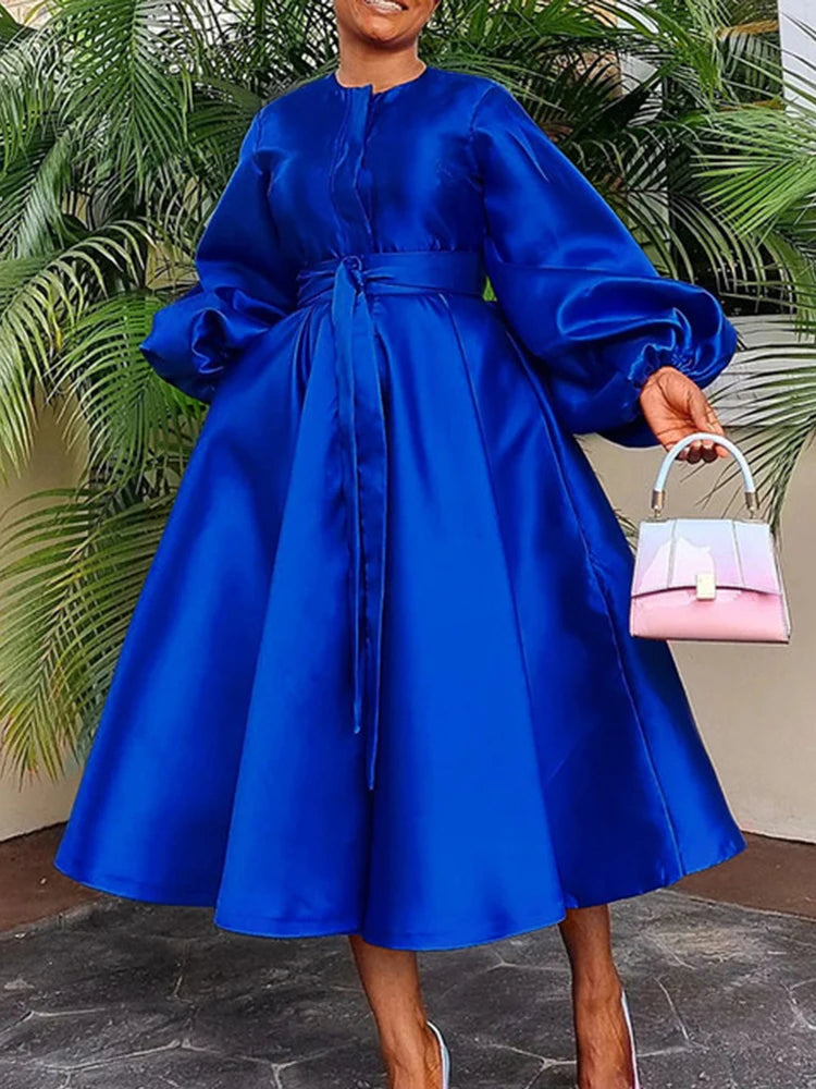 Satin Puff Sleeve Evening Dress for Women Pleated A-Line Round Neck Elegant Party Club Casual Solid Midi Dress with Belt 2025