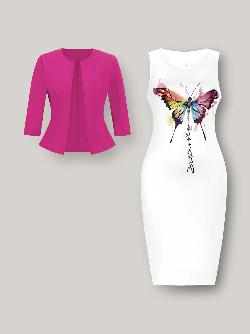 autumn and winter styles Butterfly Print On White Dress vacation style elegant style Round neck dress set