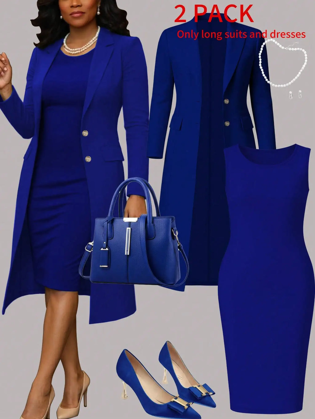 Women's Elegant 2-Piece Set Solid Color Long Sleeve Blazer Jacket And Sleeveless Midi Dress