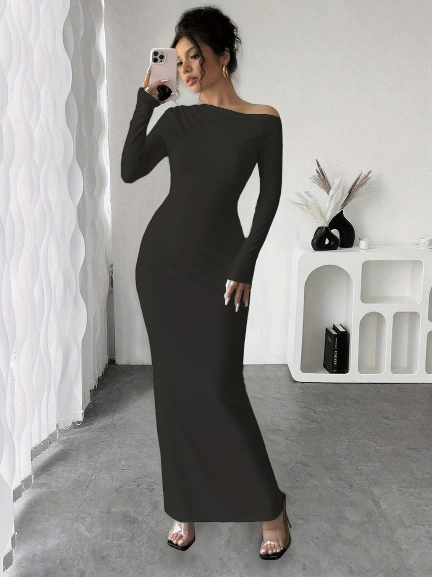 Autumn new style individual solid color trendy elegant high-waist long-sleeved figure-hugging bodycon dress sexy