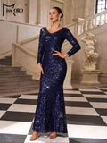 Missord New V Neck Long Sleeved Sequin Mermaid Evening Gown Church Wedding Birthday Party Elegant Beautiful Women's Maxi Dress