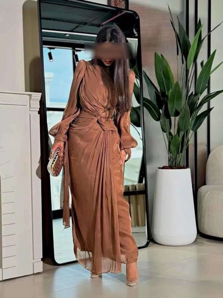 Elegant Long Sleeve Women's Travel Dress Shiny Sash Glowing Evening Gown Wedding Party Company Dinner Adult Ceremony Celebration