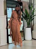 Elegant Long Sleeve Women's Travel Dress Shiny Sash Glowing Evening Gown Wedding Party Company Dinner Adult Ceremony Celebration