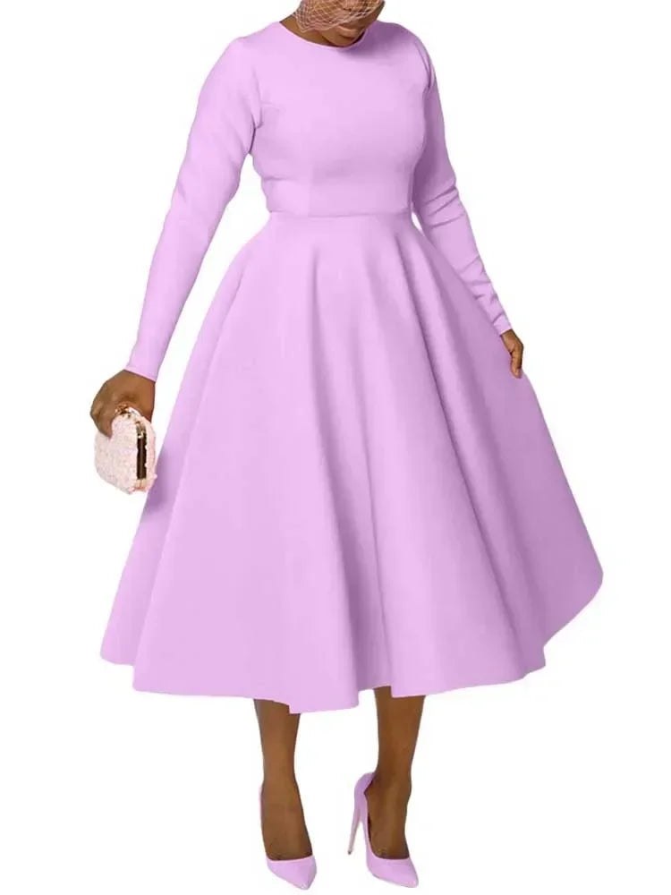 A Line High Waisted Dress Zipper  in Back Women Long Sleeve Autumn Casual Dress Elegant Office Work Lady Dress Solid Color 2025