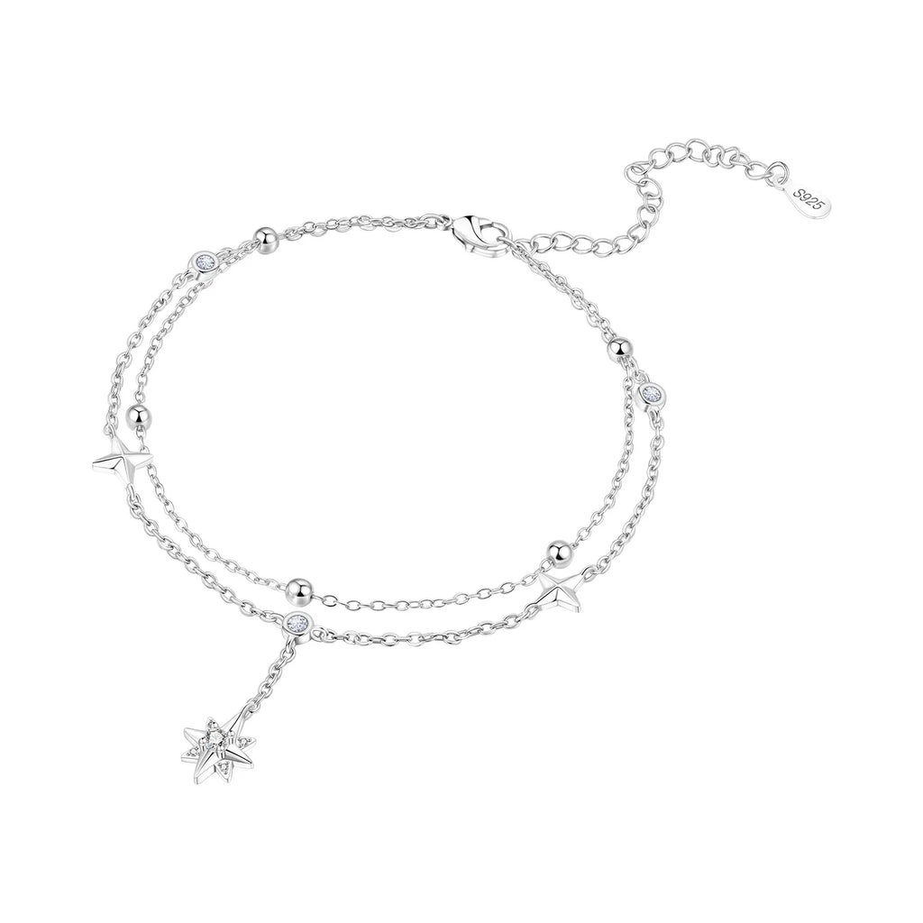 Orstarry S925 Sterling Silver Summer Double Star Shaped Chain Anklets Women Lady Ankle Bracelet Prom Foot Party Jewelry Gifts