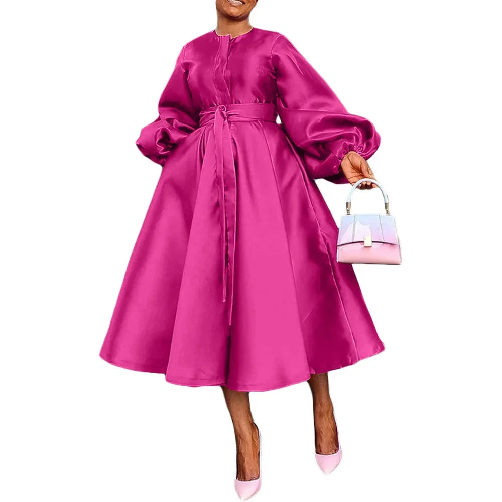 Satin Puff Sleeve Evening Dress for Women Pleated A-Line Round Neck Elegant Party Club Casual Solid Midi Dress with Belt 2025