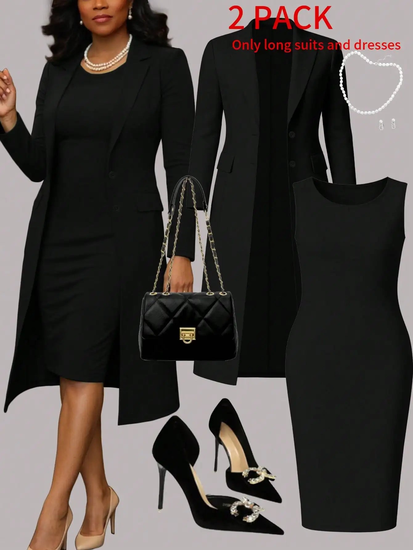 Women's Elegant 2-Piece Set Solid Color Long Sleeve Blazer Jacket And Sleeveless Midi Dress