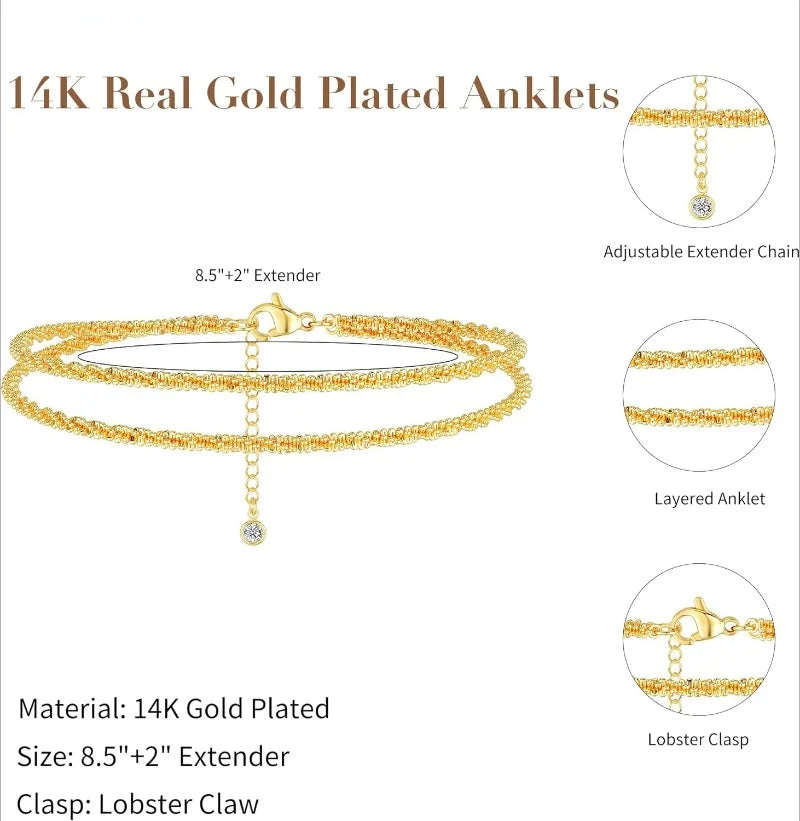 Ankle Bracelets for Women Girls Glitter Waterproof Adjustable 14K Gold Plated/Sterling Silver Layered Anklets Beach Foot Jewerly