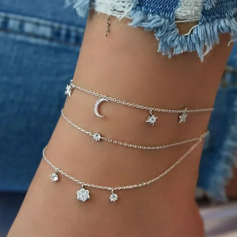 4pcs Set Sexy Fashion Moon and Star Cross Multilayer Anklet for Women Temperament Heart Summer Beach Foot Accessories Jewelry