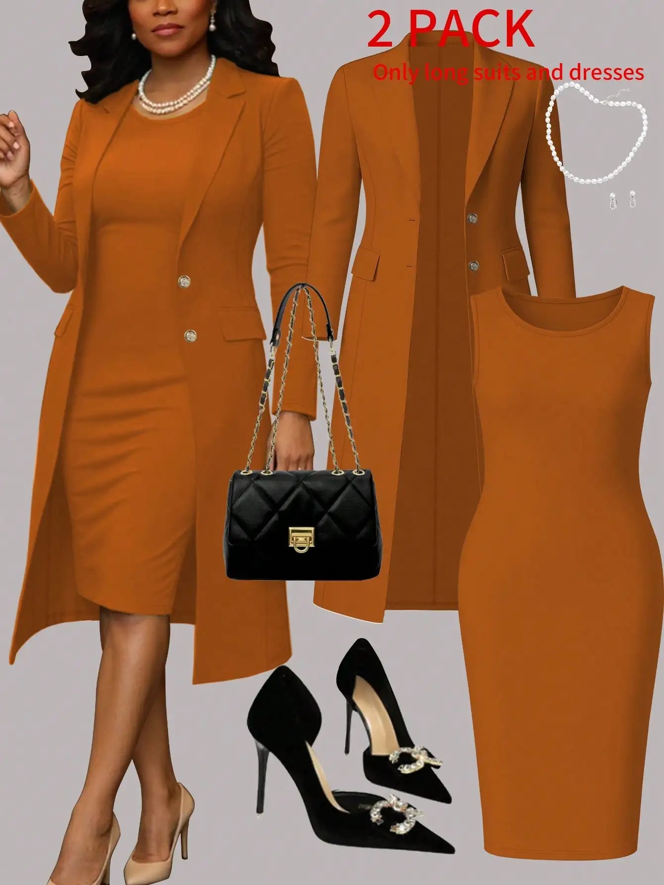 Women's Elegant 2-Piece Set Solid Color Long Sleeve Blazer Jacket And Sleeveless Midi Dress