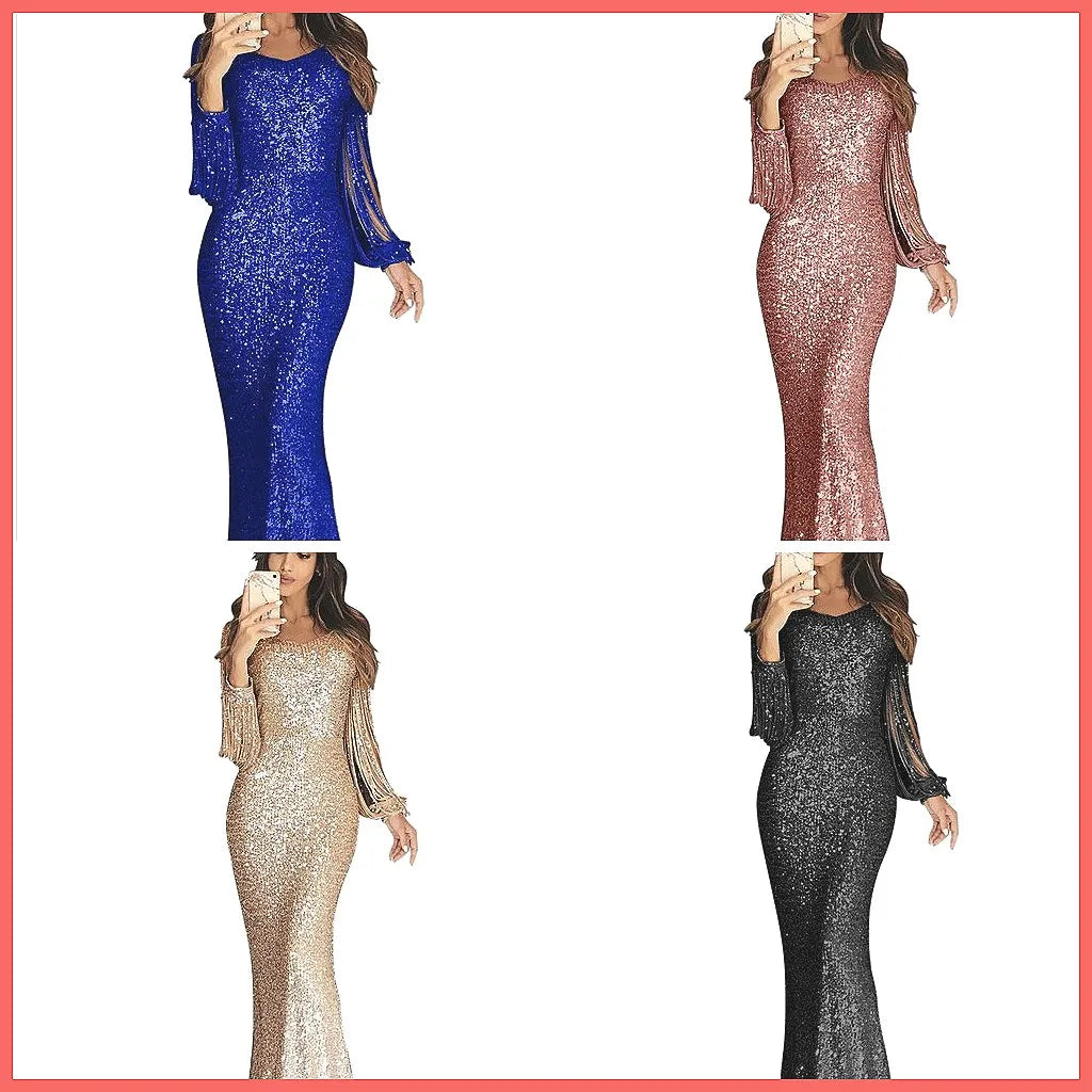 Elegant Women's Evening Gown with Sequin & Tassel, Lantern Sleeve Dinner Party Dress for Autumn Winter