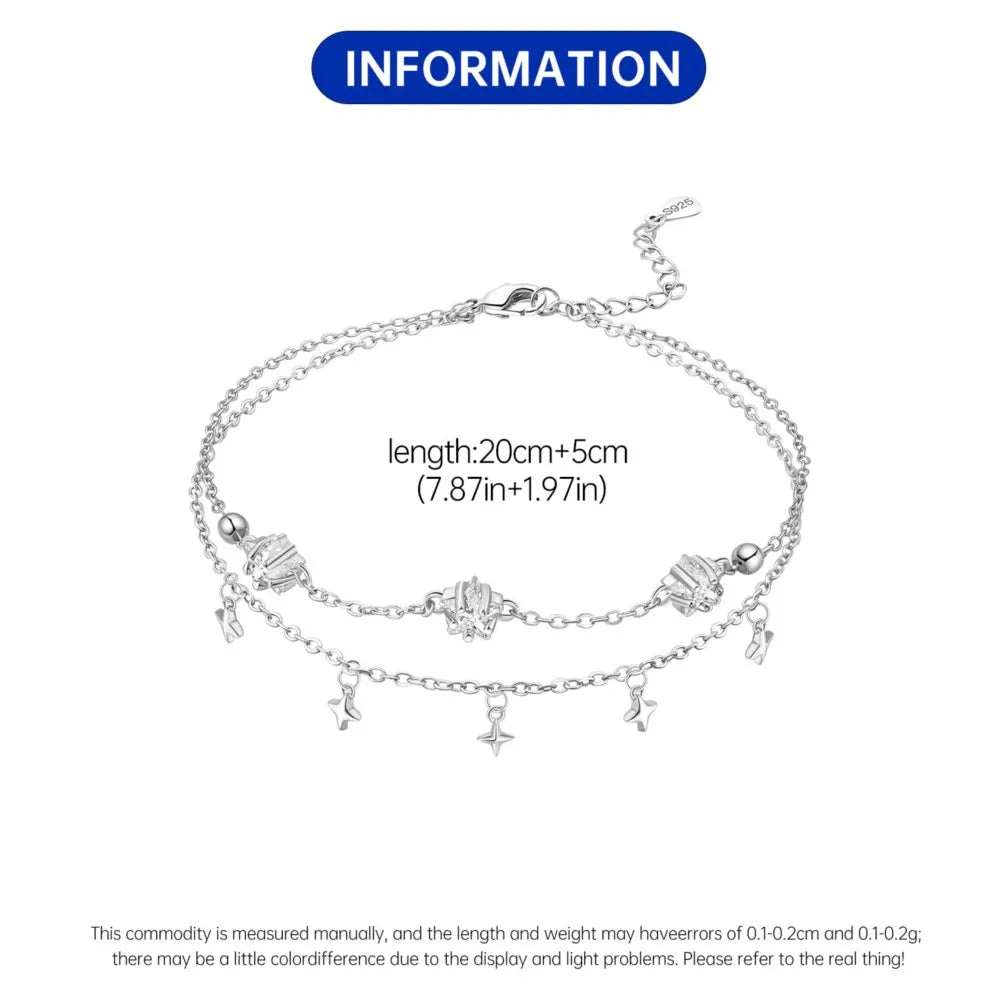 Orstarry S925 Sterling Silver Summer Double Star Shaped Chain Anklets Women Lady Ankle Bracelet Prom Foot Party Jewelry Gifts