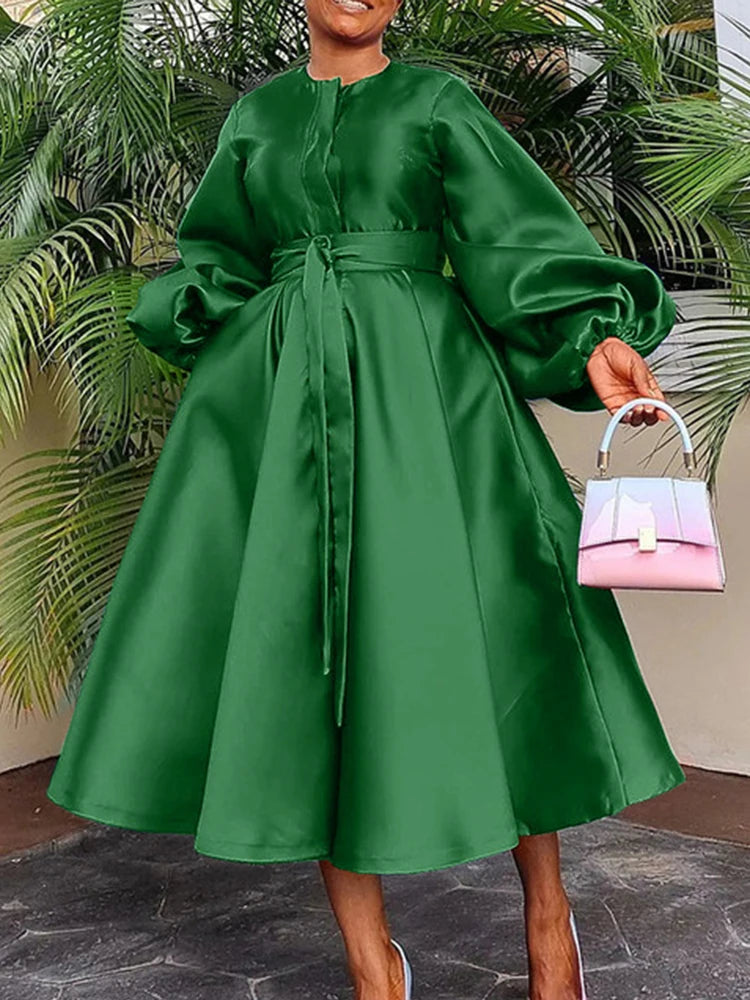 Satin Puff Sleeve Evening Dress for Women Pleated A-Line Round Neck Elegant Party Club Casual Solid Midi Dress with Belt 2025
