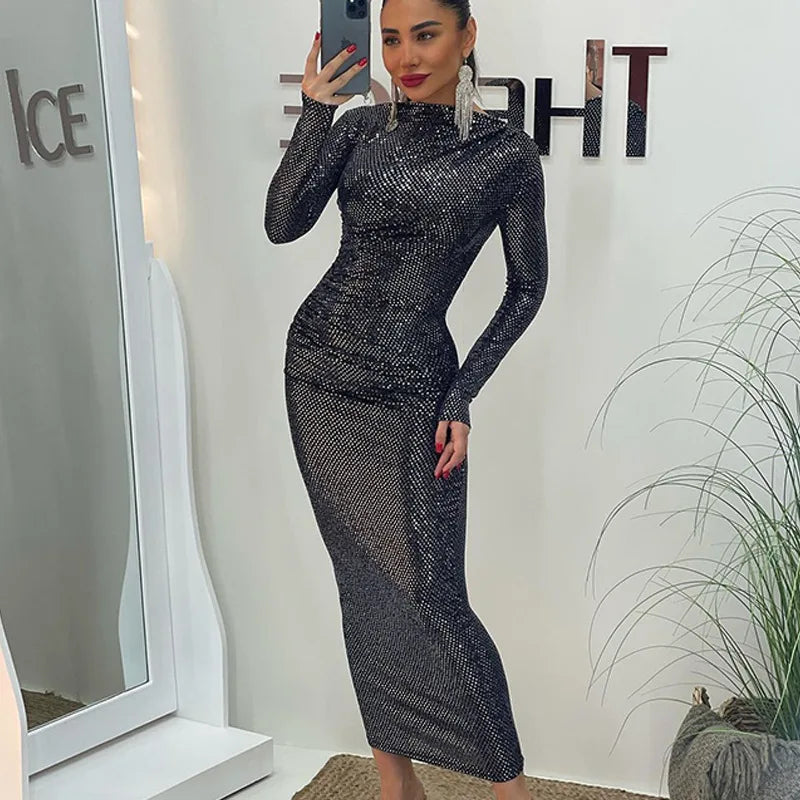 Sparkly Sequin Bodycon Long Sleeve Midi Dress Elegant Party Evening Wear Slim Fit Back Zipper Formal Occasion Cocktail Gown