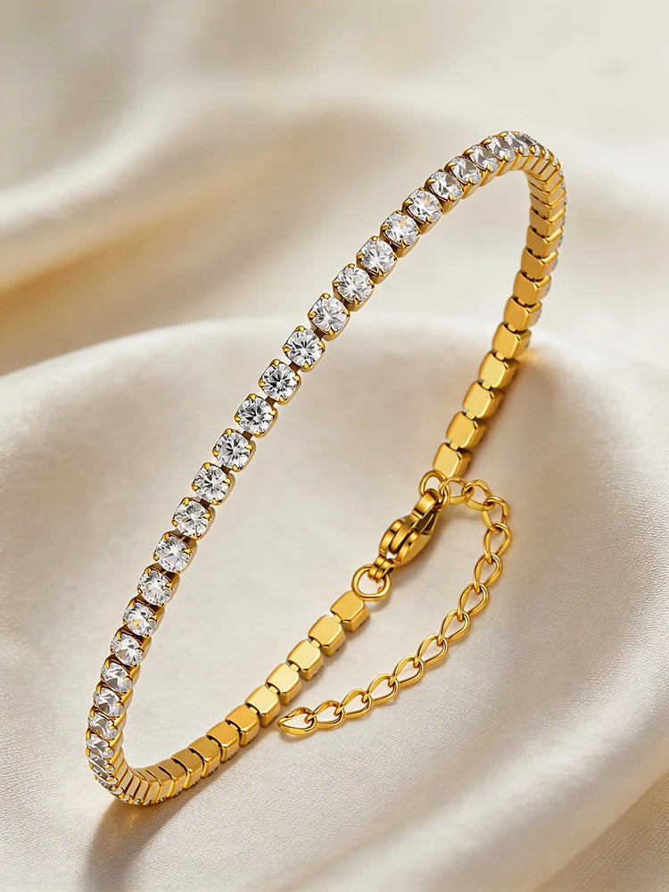 Tennis Anklet 2mm/3mm/4mm, 18K PVD Gold Plated Dainty CZ Foot Chain, Ultra Sparkling Aesthetic Layering Summer Jewelry for Women
