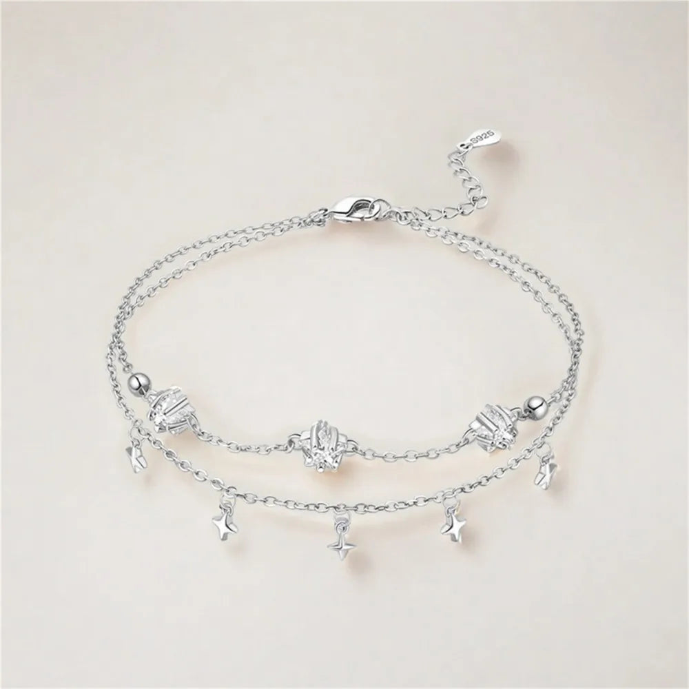 Orstarry S925 Sterling Silver Summer Double Star Shaped Chain Anklets Women Lady Ankle Bracelet Prom Foot Party Jewelry Gifts