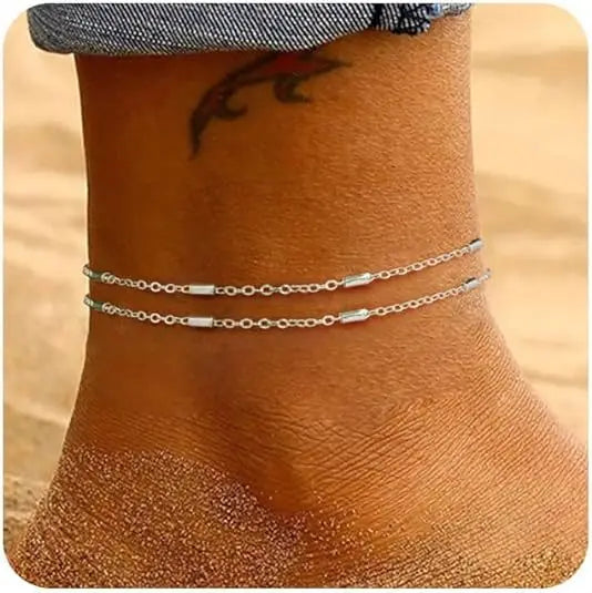Layered Stainless Steel Anklet Seed Beads Butterfly Leaf Heart Summer Beach Foot Chain Niche Versatile Jewelry for Women Gift