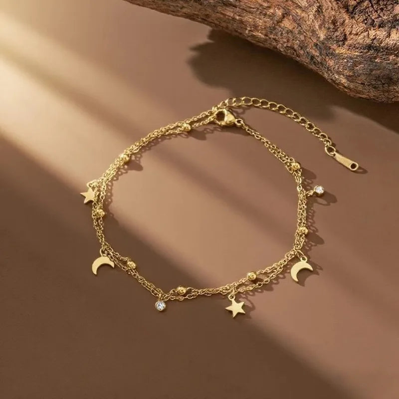 Sweet Fashion Gold Color Stainless Steel Double-layer Star and Moon Anklets for Woman Summer Beach Jewelry Accessories Colorfast