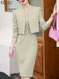 ZANZEA Elegant Women 2pcs Dress Sets Long Sleeve Short Blazer and Sleeveless Sheath Dress 2pcs Sets Autumn Classy Office Suits