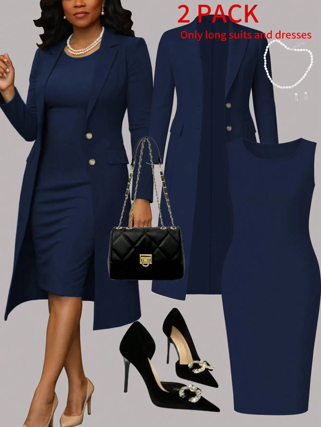 Women's Elegant 2-Piece Set Solid Color Long Sleeve Blazer Jacket And Sleeveless Midi Dress