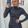 Sparkly Sequin Bodycon Long Sleeve Midi Dress Elegant Party Evening Wear Slim Fit Back Zipper Formal Occasion Cocktail Gown