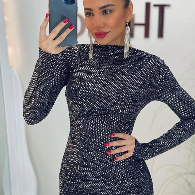 Sparkly Sequin Bodycon Long Sleeve Midi Dress Elegant Party Evening Wear Slim Fit Back Zipper Formal Occasion Cocktail Gown