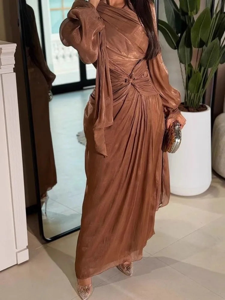 Elegant Long Sleeve Women's Travel Dress Shiny Sash Glowing Evening Gown Wedding Party Company Dinner Adult Ceremony Celebration
