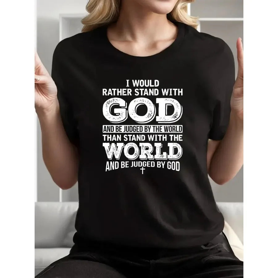 STAND with GOD Y2K Religious Slogan Blouse - Front Shoulder Fit Dress with Mushroom Pattern Non-Stretch for Church Events and C