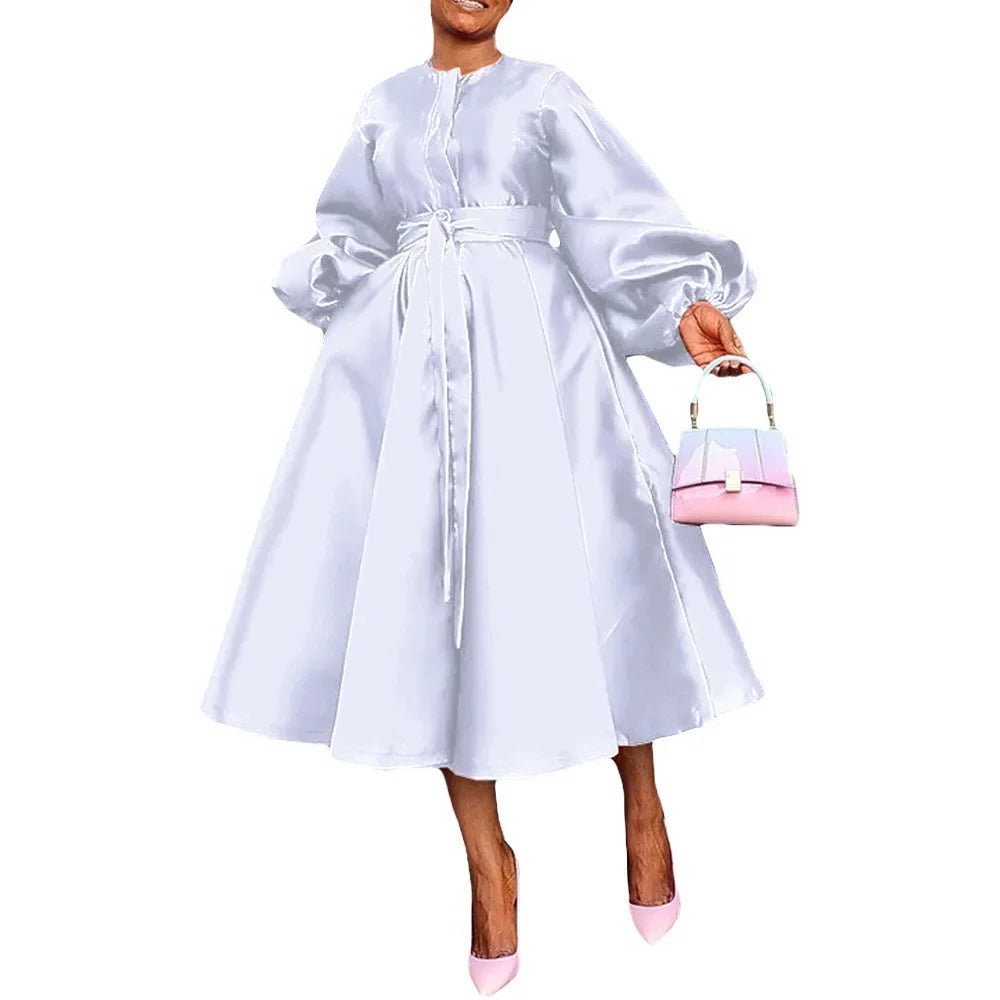 Satin Puff Sleeve Evening Dress for Women Pleated A-Line Round Neck Elegant Party Club Casual Solid Midi Dress with Belt 2025