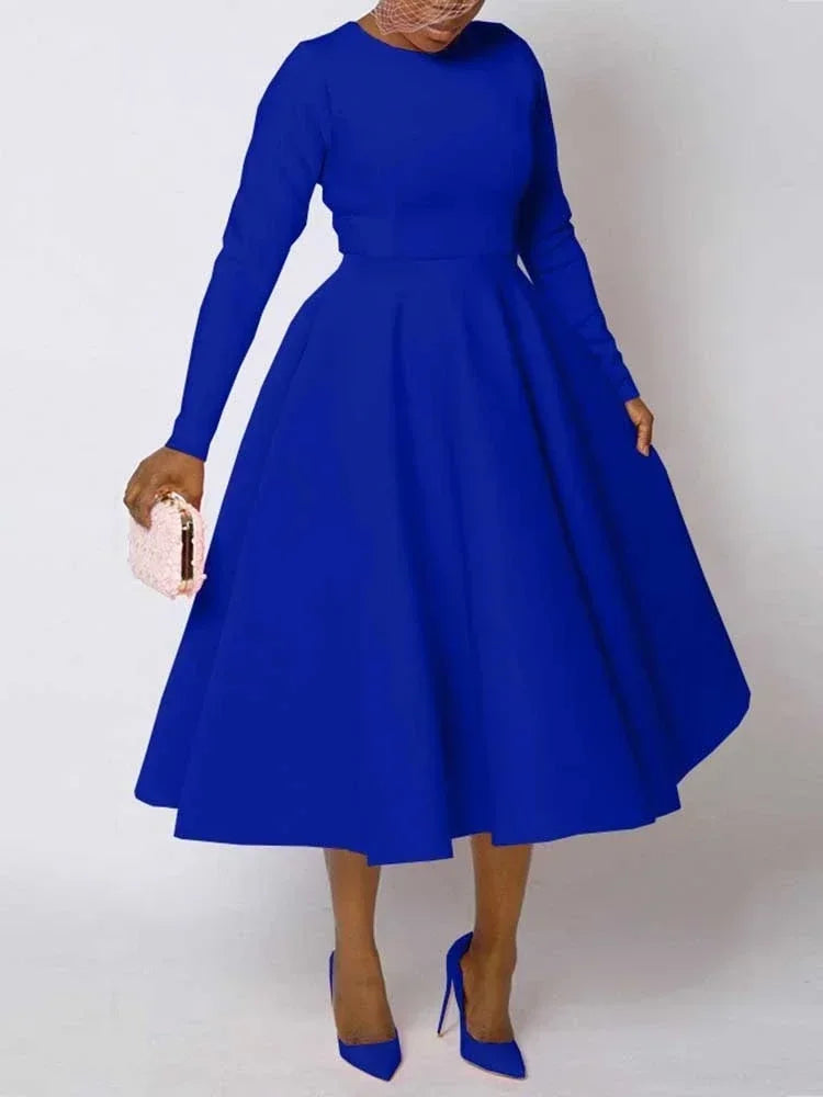 A Line High Waisted Dress Zipper  in Back Women Long Sleeve Autumn Casual Dress Elegant Office Work Lady Dress Solid Color 2025