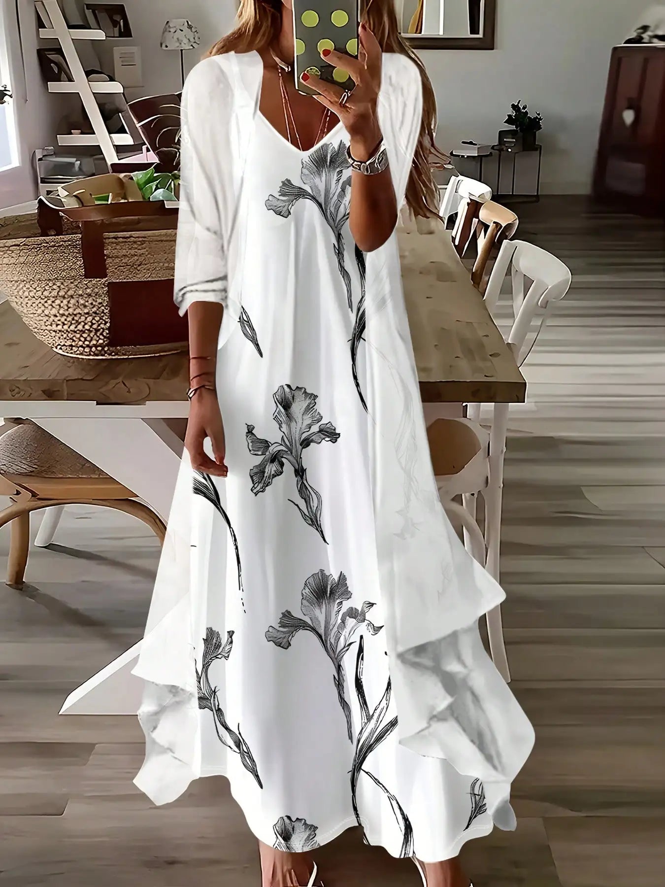 Elegant V-Neck Floral Chiffon Midi Dress With 3/4 Sleeve Cardigan Set White Spring Summer