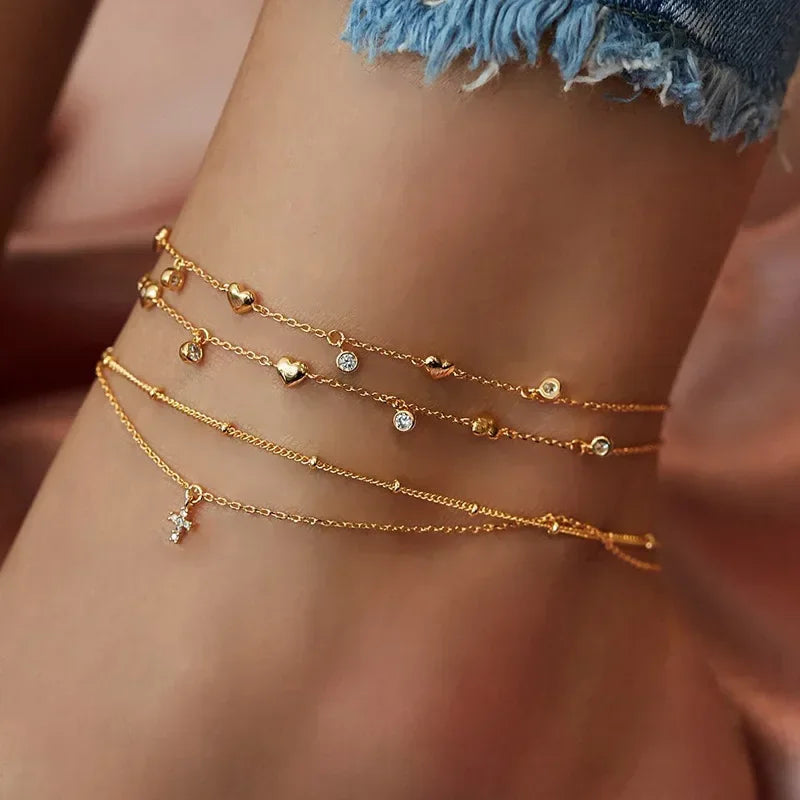4pcs Set Sexy Fashion Moon and Star Cross Multilayer Anklet for Women Temperament Heart Summer Beach Foot Accessories Jewelry