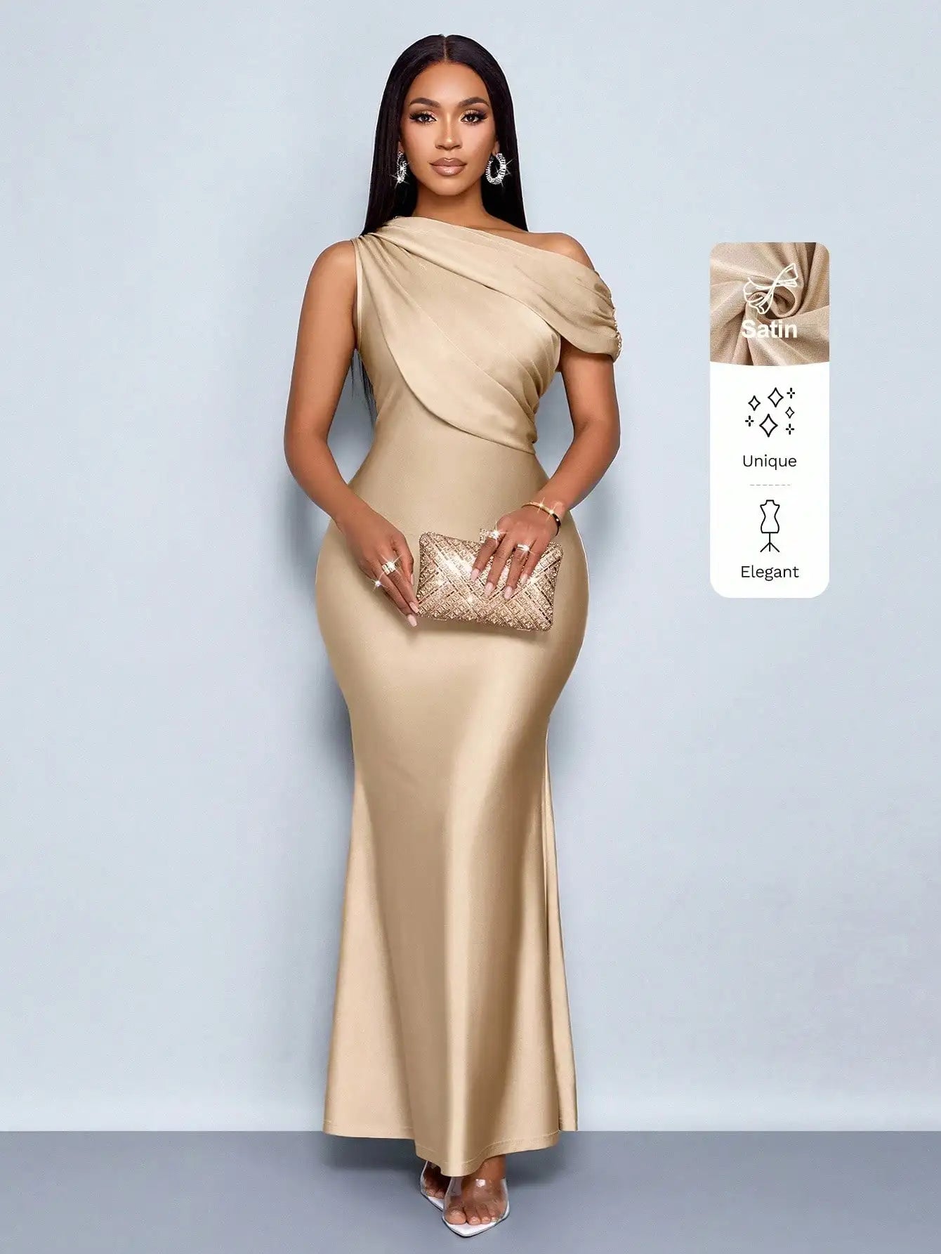 Elegant Apricot Satin Asymmetric Off-Shoulder Sleeveless Fitted Floor-Length Maxi Dress