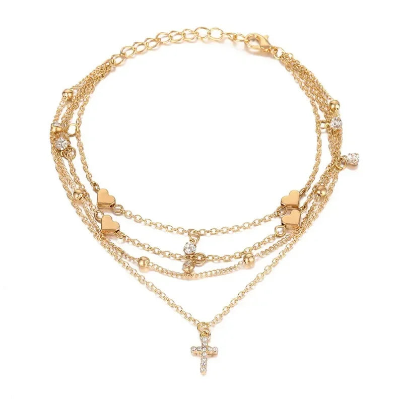 4pcs Set Sexy Fashion Moon and Star Cross Multilayer Anklet for Women Temperament Heart Summer Beach Foot Accessories Jewelry