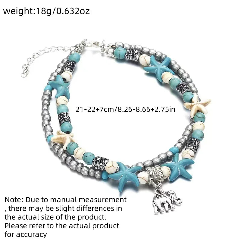 Vintage Turquoise Starfish Turtle Foot Ornaments Beach Layer Beaded Hollow Double Anklet for women Valentine's Day Gift