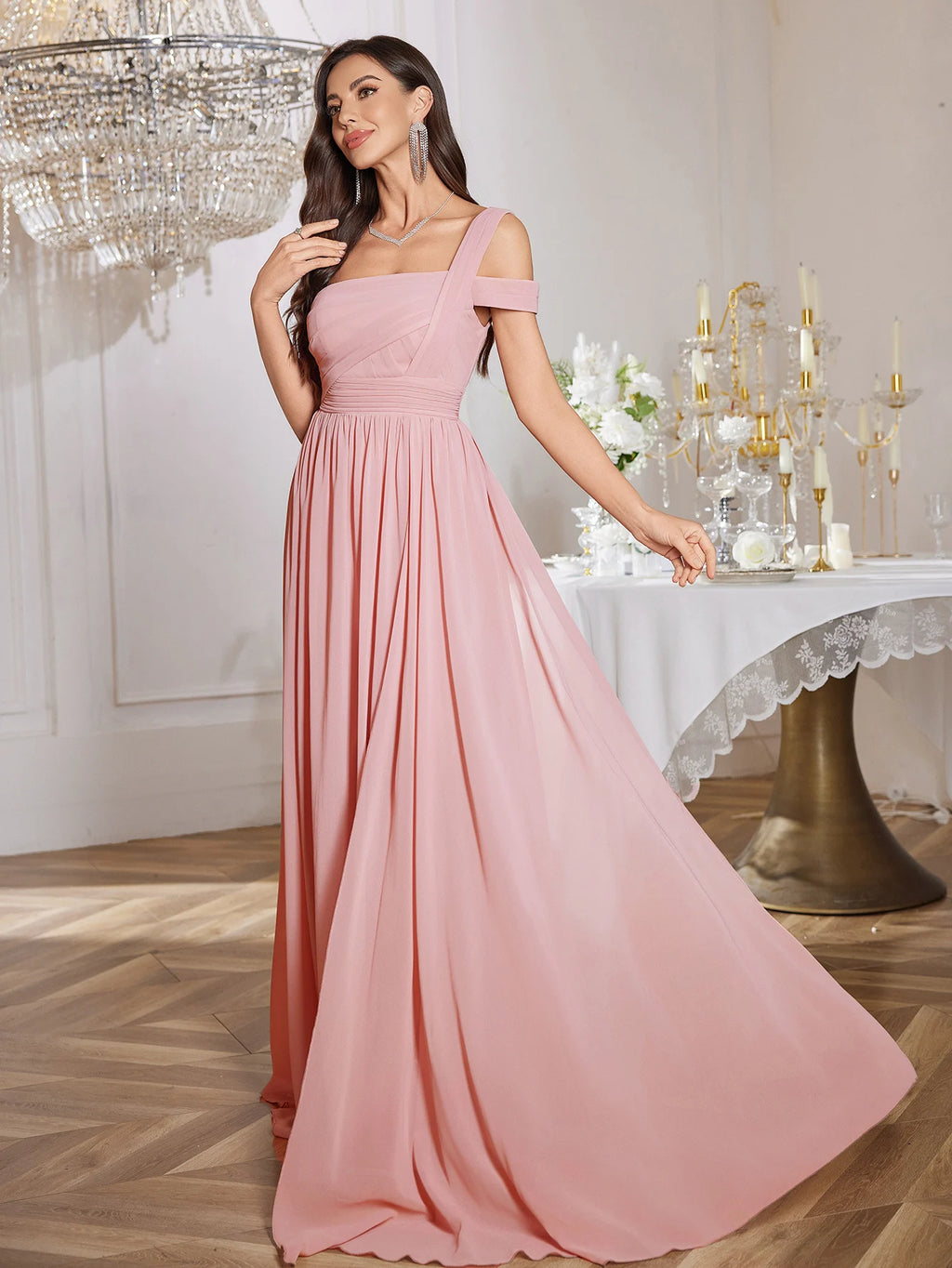 UNITHORSE Elegant One-Shoulder Backless Maids Dress Pure Color Chiffon Gathered Waist High Slit Floor-Length Evening Gown
