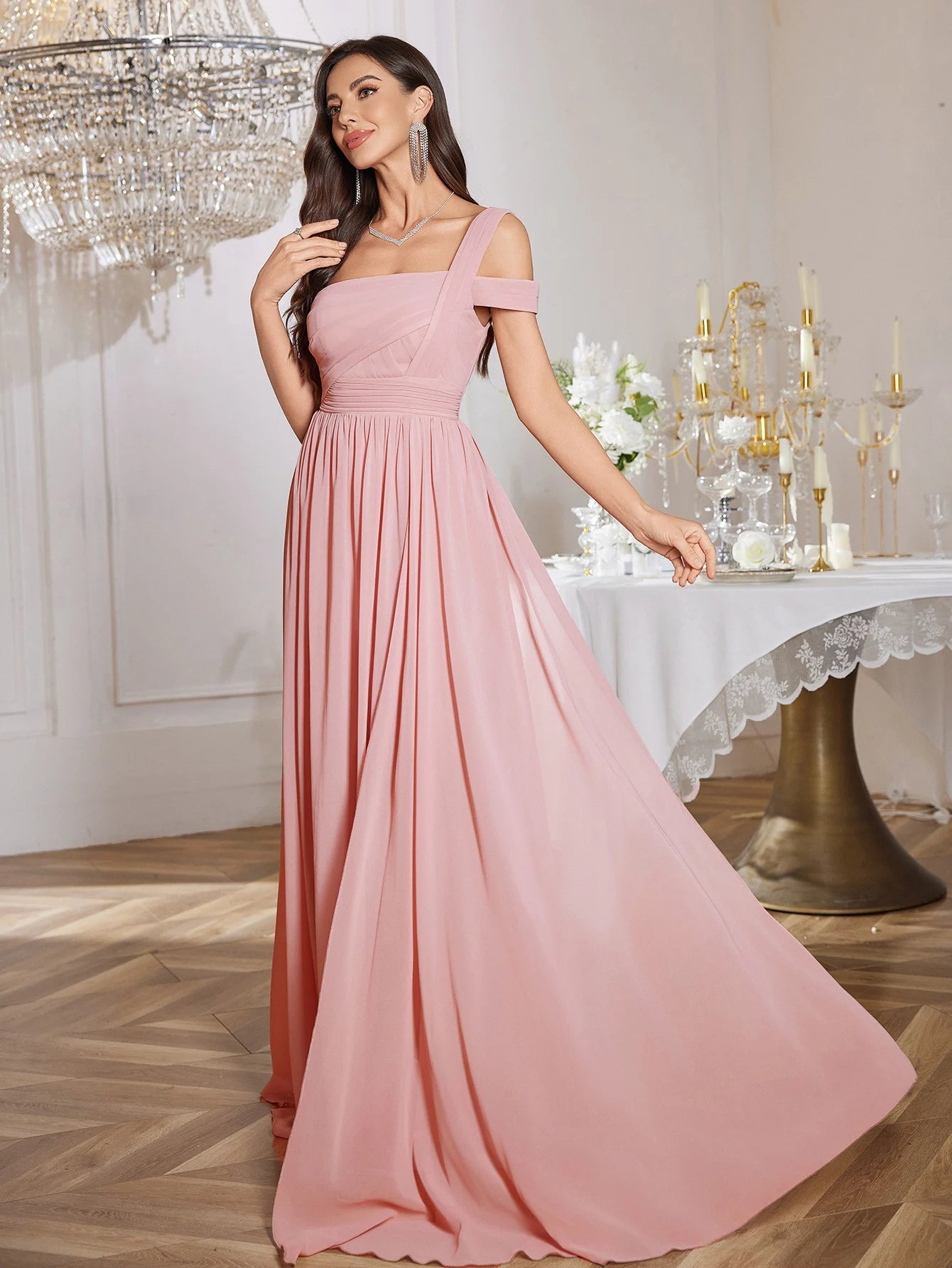 UNITHORSE Elegant One-Shoulder Backless Maids Dress Pure Color Chiffon Gathered Waist High Slit Floor-Length Evening Gown