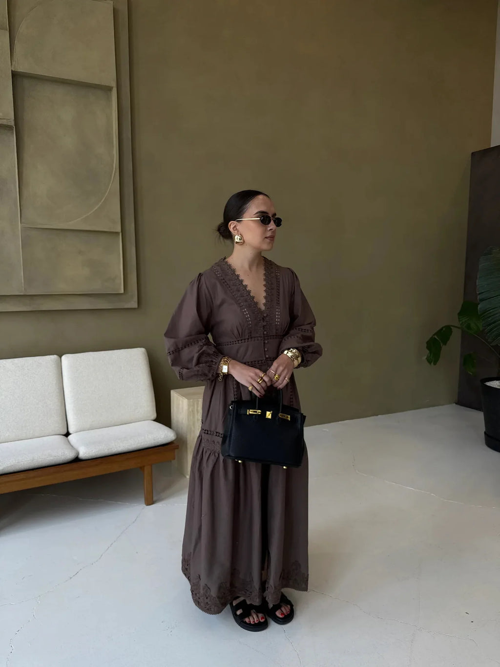 Elegant V Neck Lace Hollow Out Maxi Dress Women Puff Sleeve Embroidery Belt A-Line Elegant Spring New Lady Robes Summer 2025