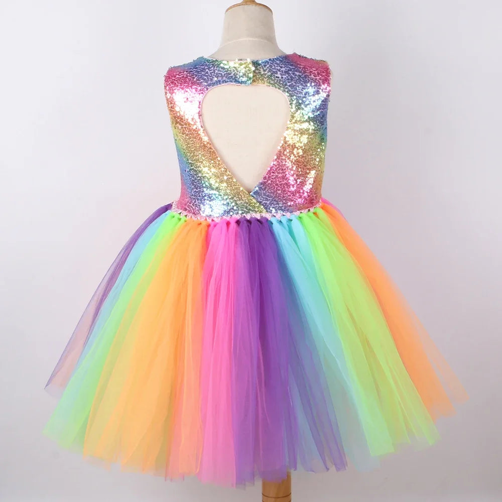 Rainbow Sequins Princess Dress for Girls Sleeveless Backless Party Evening Tutu Dresses Kids Clothes Vestido Children's Clothing