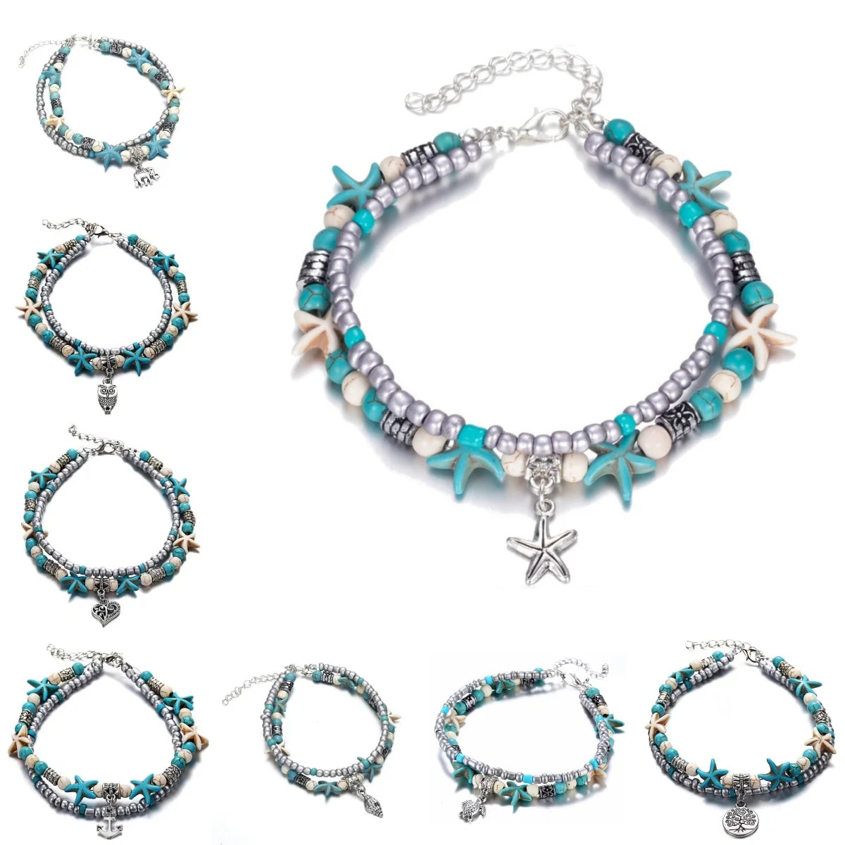 Vintage Turquoise Starfish Turtle Foot Ornaments Beach Layer Beaded Hollow Double Anklet for women Valentine's Day Gift