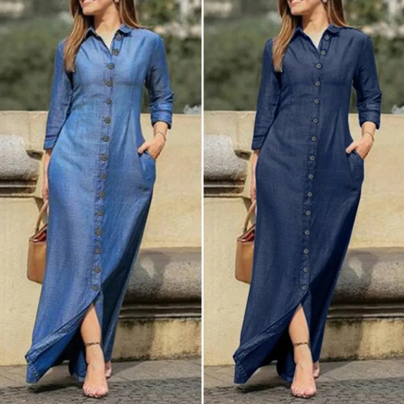 2025 Spring Elegant Women's Denim Dress New Casual Long Sleeve Buttons Shirt Maxi Dresses For Women Robe Femal Office Clothing
