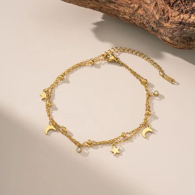 Sweet Fashion Gold Color Stainless Steel Double-layer Star and Moon Anklets for Woman Summer Beach Jewelry Accessories Colorfast