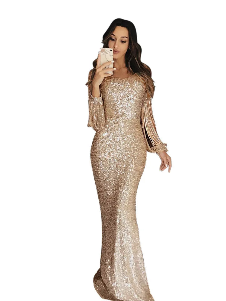 Elegant Women's Evening Gown with Sequin & Tassel, Lantern Sleeve Dinner Party Dress for Autumn Winter