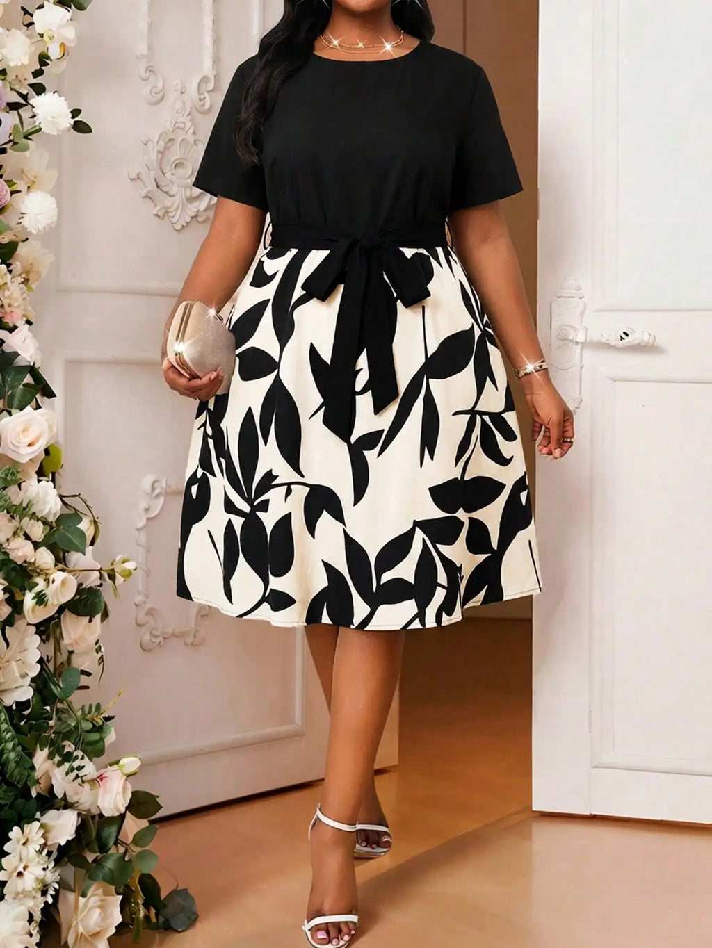 Elegant Floral Print Flared Midi Dress With Belt Short Sleeve Round Neck For Women