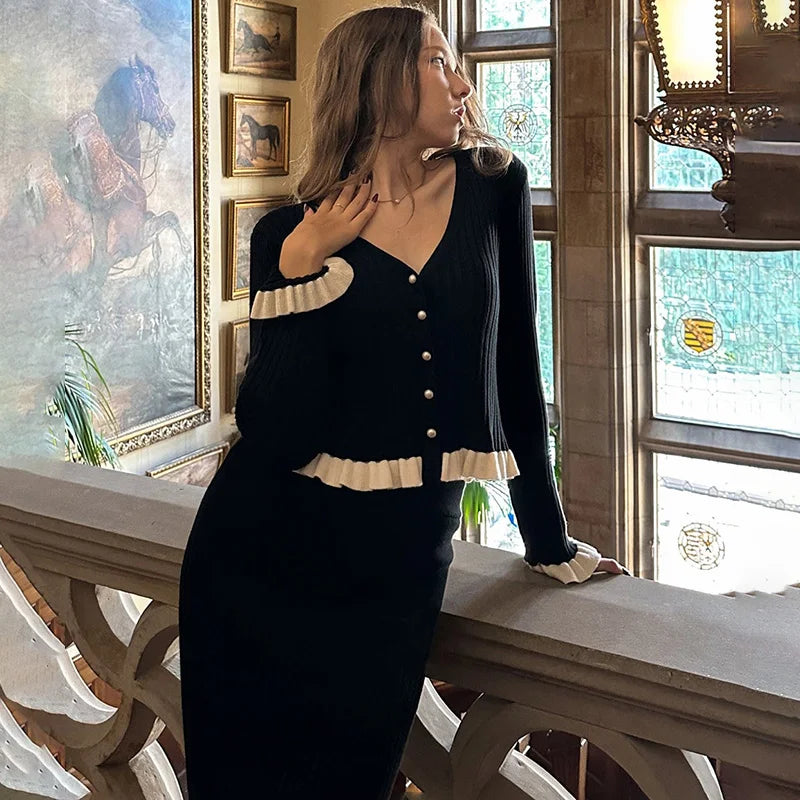 Tornova Elegant Ruffled Knitted Two Piece Set Woman Contrast V neck Long Sleeve Buttons Top Slim Skirt  Autumn Winter Dress Sets