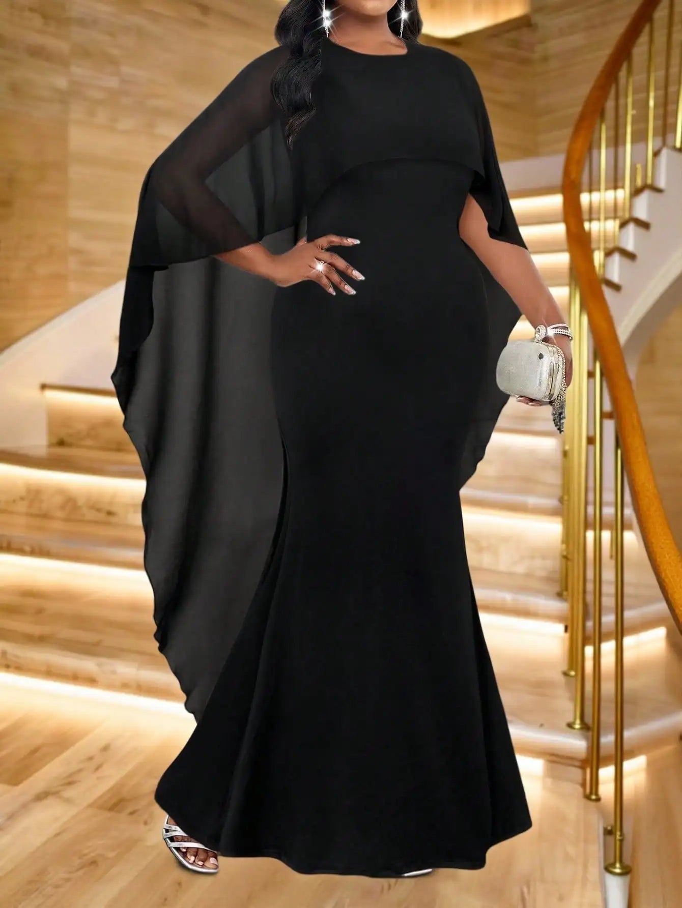 Black Plus Size Evening Dress With Sparkly Cape Sleeve Floor Length Elegant Party Gown